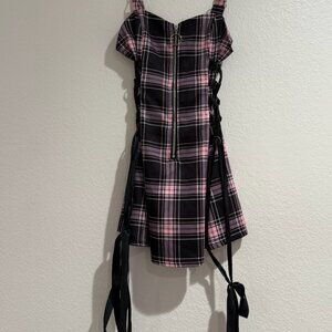 Grunge Women Egirl Plaid Front Zipper Side Lace-up A-Line Mini Dress